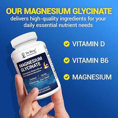 Dr. Berg Magnesium Glycinate with Vitamin D & B6 for Stress Relief, Calm, Relaxation, & Good Sleep* - 120 mg Magnesium Bisglycinate Capsules - High Absorption Chelated Magnesium Glycinate - 90 Caps