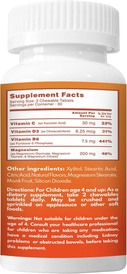 Chewable Magnesium for Kids, Relaxation and Calm Formula, Glycinate, Citrate, Taurate, Vitamin B6, D, C, Natural Apple Flavor, Sugar Free, Gluten Free, Non-GMO, 60 Chewable Tablets