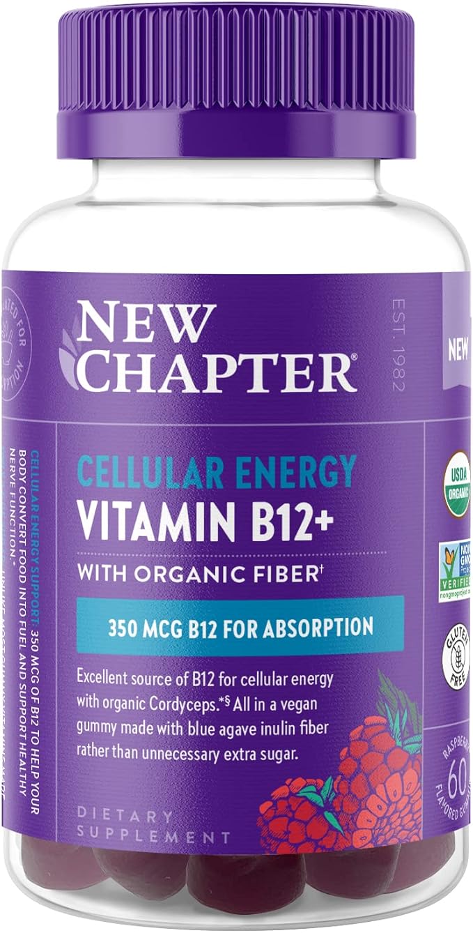 New Chapter® Organic Vitamin B12+ Gummies – 44% Less Sugar§, USDA Organic Vegan B12, Two Daily Gummies for Cellular Energy Support with Cordyceps, Non-GMO, Gluten Free, Raspberry Flavored, 60ct