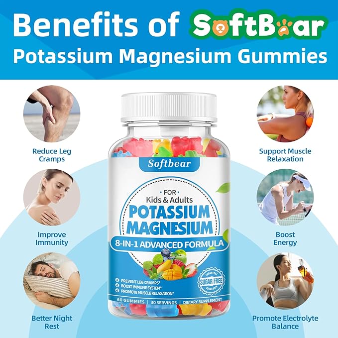 softbear Potassium Gummies for Adults, High Absorption Potassium Magnesium Supplement with Vitamin B6 CoQ10 for Leg Cramps & Muscle Health Sugar-Free Vegan Mixed Fruit Flavor 60 Gummies
