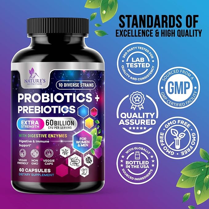 Daily Probiotic and Acidophilus Supplement 60 Billion CFU 10 Strains Capsule for Women & Men - Digestive Gut & Immune Health Support - Supports Occasional Constipation, Gas & Bloating - 60 Capsules