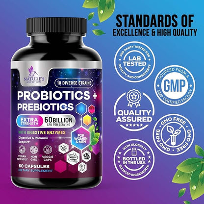 Daily Probiotic and Acidophilus Supplement 60 Billion CFU 10 Strains Capsule for Women & Men - Digestive Gut & Immune Health Support - Supports Occasional Constipation, Gas & Bloating - 60 Capsules