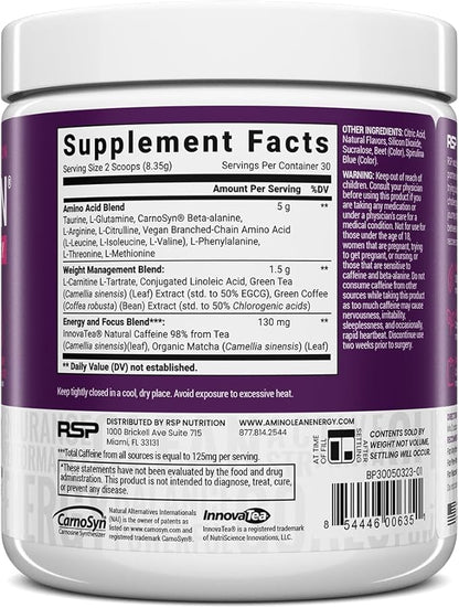 RSP NUTRITION AminoLean Pre Workout Powder, Amino Energy & Weight Management with Vegan BCAA Amino Acids, Natural Caffeine, Preworkout Boost for Men & Women, 30 Serv