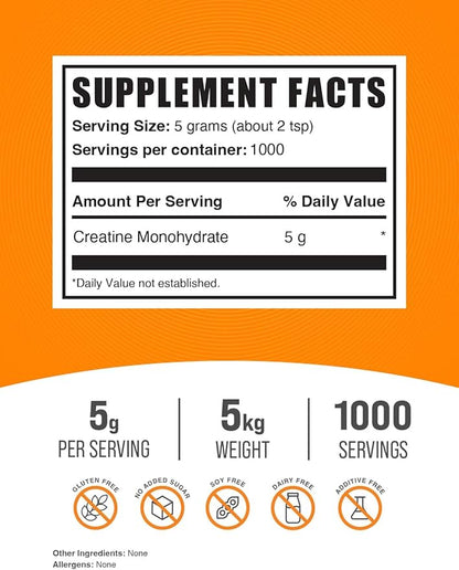BulkSupplements.com Creatine Monohydrate Powder - Creatine Supplements, Micronized Creatine Monohydrate - 5g (5000mg) of Creatine Powder per Serving, Unflavored & Gluten Free, 5kg (11 lbs)