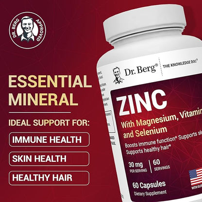Dr. Berg Zinc 30mg Enhanced with Magnesium, Vitamin D3, Selenium, & Copper - Zinc Supplements for Men & Women - Chelated Zinc for Immune, Skin, Hair, & Nails Support* - 60 Capsules
