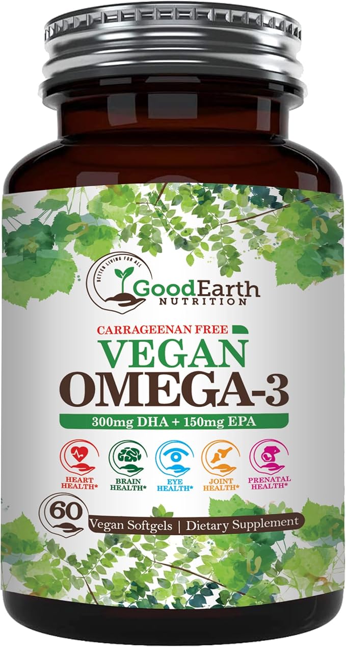 Vegan Omega 3 - Carrageenan Free Plant Based Algal DHA/EPA- 60 Veggie Softgels - Supports Brain, Heart, Joints & Prenatal Health - Essential Fatty Acids Supplements