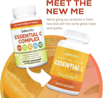 Paleovalley Essential C Complex - Vitamin C Supplement for Immune Support - 1 Pack, 450mg - Organic Superfoods Unripe Acerola Cherry, Camu Camu, Amla Berry - No Synthetic Ascorbic Acid - USA Made