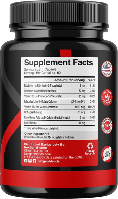 Methylated B Complex Vitamin Supplement - Bioactive Methyl B Complex with 5-MTHF Methyl Folate & B12 Methylcobalamin for Brain Heart Energy & Homocysteine Support - Super Vitamin B Complex - 60 Caps