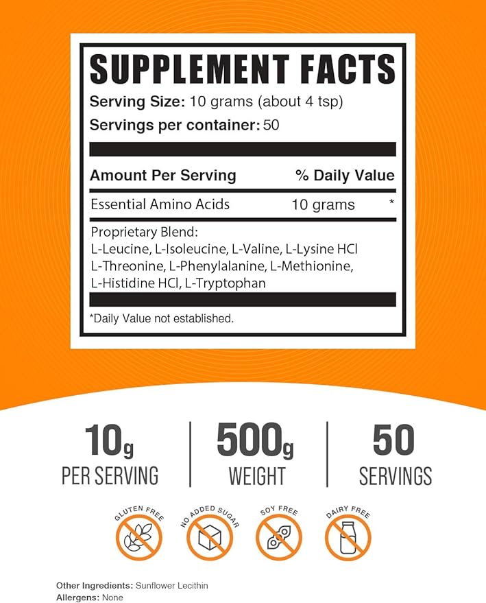 BulkSupplements.com Essential Amino Acids Powder - Essential Amino Acids Supplement, EAA Powder - Unflavored & Gluten Free, 10g of EAAs Amino Acids per Serving, 500g (1.1 lbs) (Pack of 1)