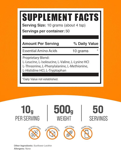 BulkSupplements.com Essential Amino Acids Powder - Essential Amino Acids Supplement, EAA Powder - Unflavored & Gluten Free, 10g of EAAs Amino Acids per Serving, 500g (1.1 lbs) (Pack of 1)