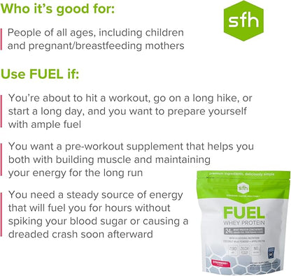 SFH Fuel Whey Protein Powder Great Tasting Grass Fed Whey | MCTs & Fiber for Energy | All Natural | Soy Free, Gluten Free, No RBST, No Artificial Flavors (Strawberry (1.6lb Bag))