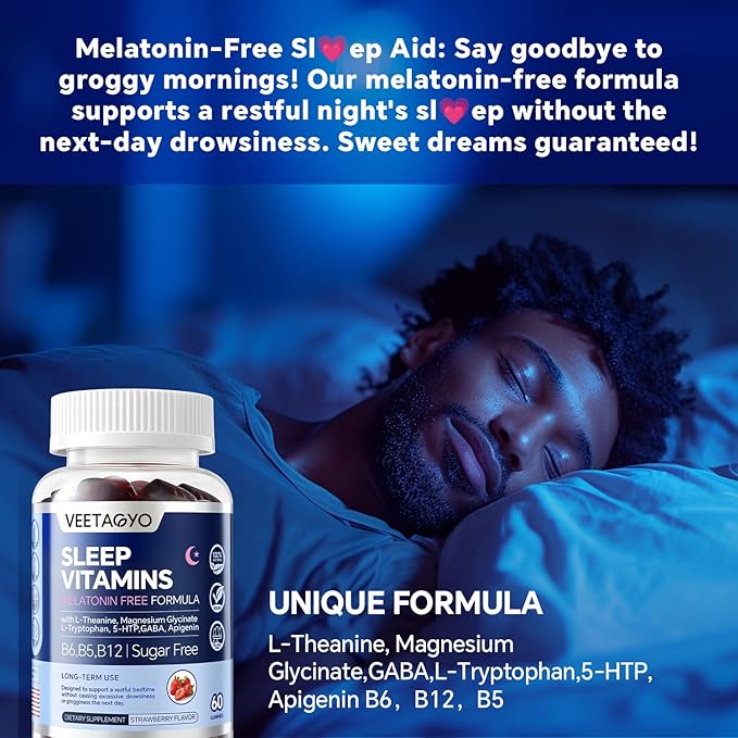 Melatonin Free 5-HTP GABA Sleep Supplement Gummies for Adults & Kids 12+ with L-Theanine, Magnesium Glycinate, L-Tryptophan, Apigenin - Sugar Free, Strawberry Flavor, Vegan, 120 Count