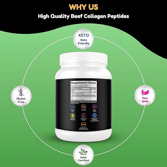 Halal & Grass Fed Collagen Peptides Powder 1 lb. 16oz Unflavored Hydrolyzed Collagen Peptides Powder Type I & Type III for Hair, Skin, Nails & Joints | Keto & Paleo Friendly | Sugar & Gluten Free