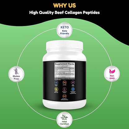 Halal & Grass Fed Collagen Peptides Powder 1 lb. 16oz Unflavored Hydrolyzed Collagen Peptides Powder Type I & Type III for Hair, Skin, Nails & Joints | Keto & Paleo Friendly | Sugar & Gluten Free