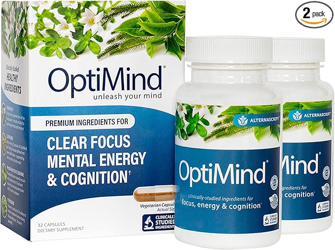 Optimind Nootropics Brain Booster Supplement | Enhance Focus and Cognition, Improve Retention, Sustain Energy | Clinically Studied Ingredients, Bacopa, Tyrosine, Huperzine A, GABA - 2 Bottle (64 Ct)