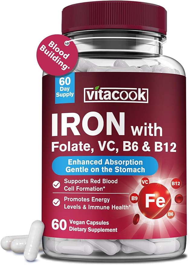 Iron Supplement for Women & Men, Iron Bisglycinate with Vitamin C, B6, B12, Folate, Stomach Friendly, Non-Constipating, Blood Health & Energy Boost, 60 Vegan Caps