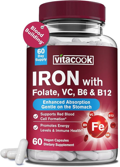 Iron Supplement for Women & Men, Iron Bisglycinate with Vitamin C, B6, B12, Folate, Stomach Friendly, Non-Constipating, Blood Health & Energy Boost, 60 Vegan Caps