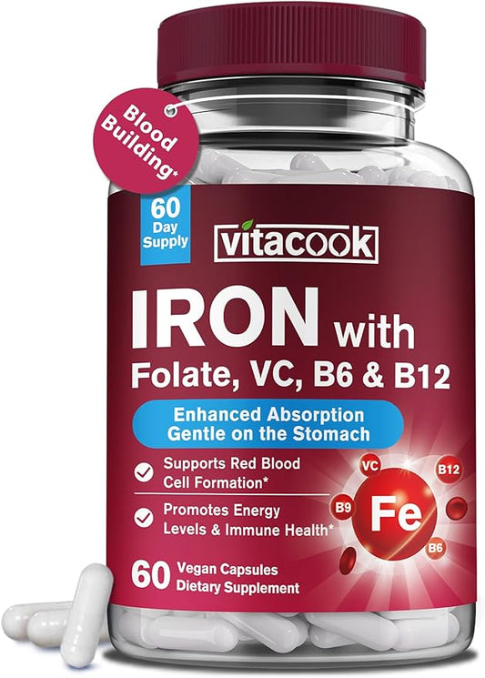 Iron Supplement for Women & Men, Iron Bisglycinate with Vitamin C, B6, B12, Folate, Stomach Friendly, Non-Constipating, Blood Health & Energy Boost, 60 Vegan Caps