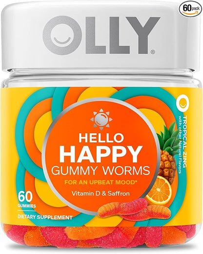 OLLY Hello Happy Gummy Worms, Mood Balance Support, Vitamin D, Saffron, Adult Chewable Supplement, Tropical Zing - 60 Count