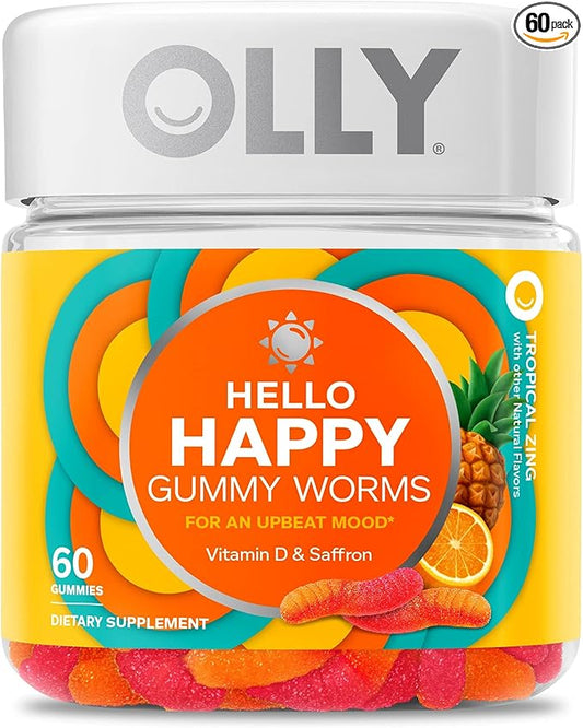 OLLY Hello Happy Gummy Worms, Mood Balance Support, Vitamin D, Saffron, Adult Chewable Supplement, Tropical Zing - 60 Count