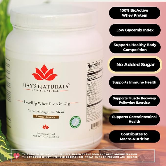 Hay's Naturals LevelUp Whey Protein Powder - 21g Protein - No Added Sugar, Creamy Chocolate Flavor, Build Muscle and Recover Faster with Protein