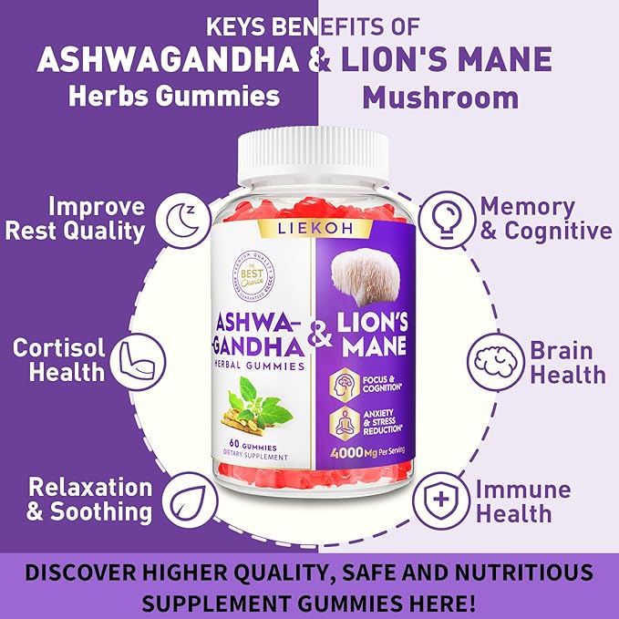 Ashwagandha Gummies - Cortisol Supplements for Women & Men - Lions Mane Gummies for Adults| Cortisol, Cognitive & Immune Support| 4000MG Ashwagandha Gummies, Berry Flavor - 60 Organic Mushroom Gummies