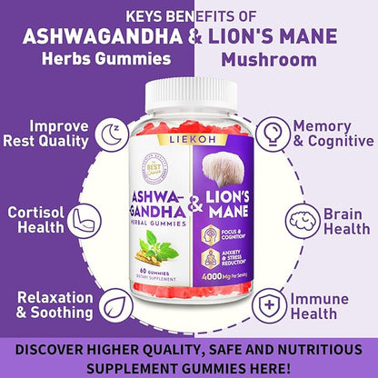 Ashwagandha Gummies - Cortisol Supplements for Women & Men - Lions Mane Gummies for Adults| Cortisol, Cognitive & Immune Support| 4000MG Ashwagandha Gummies, Berry Flavor - 60 Organic Mushroom Gummies