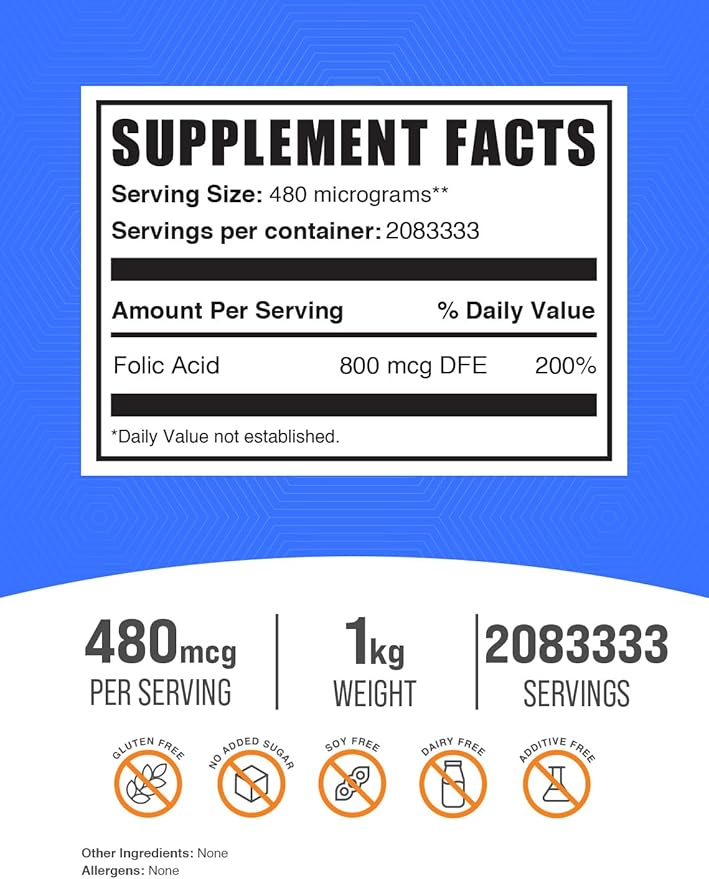 BulkSupplements.com Folic Acid Powder - Vitamin B9, Folic Acid Supplement - Folic Acid Prenatal Vitamins, Folic Acid 800 mcg - Gluten Free, 480mcg per Serving, 1kg (2.2 lbs) (Pack of 1)