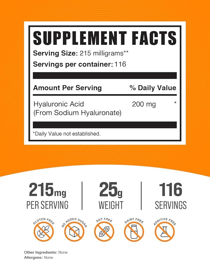 BulkSupplements.com Hyaluronic Acid Powder - Hyaluronic Acid Supplements, Hyaluronic Acid 215mg - Hyaluronic Acid Food Grade, Gluten Free - 215mg per Serving, 25g (0.88 oz) (Pack of 1)