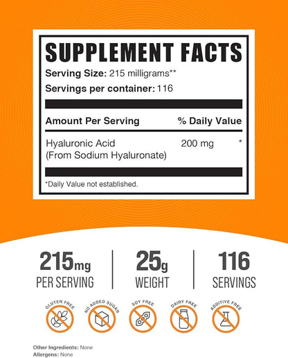 BulkSupplements.com Hyaluronic Acid Powder - Hyaluronic Acid Supplements, Hyaluronic Acid 215mg - Hyaluronic Acid Food Grade, Gluten Free - 215mg per Serving, 25g (0.88 oz) (Pack of 1)
