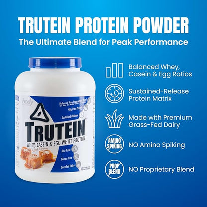 Body Nutrition Trutein High Protein Powder: 45% Whey, 45% Casein, 10% Egg White, Gluten-Free, Low Sodium, Grass Fed Whey Protein Powder, Gym Supplement & Breakfast Shake, Salted Caramel, 4lb