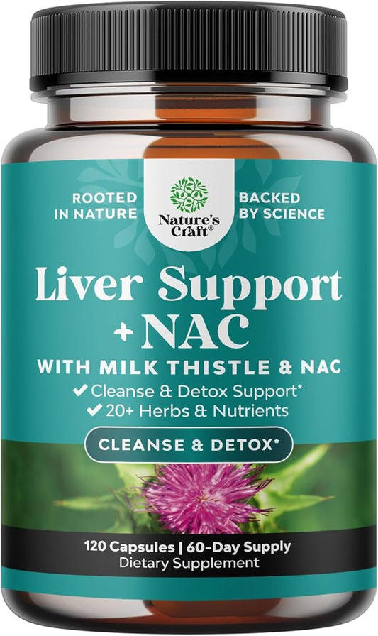 Liver Support Supplement with NAC - Herbal Liver Supplement with N Acetyl Cysteine Silymarin Milk Thistle Extract Dandelion Root Artichoke Extract Choline Bitartrate and Berberine 120 Capsules