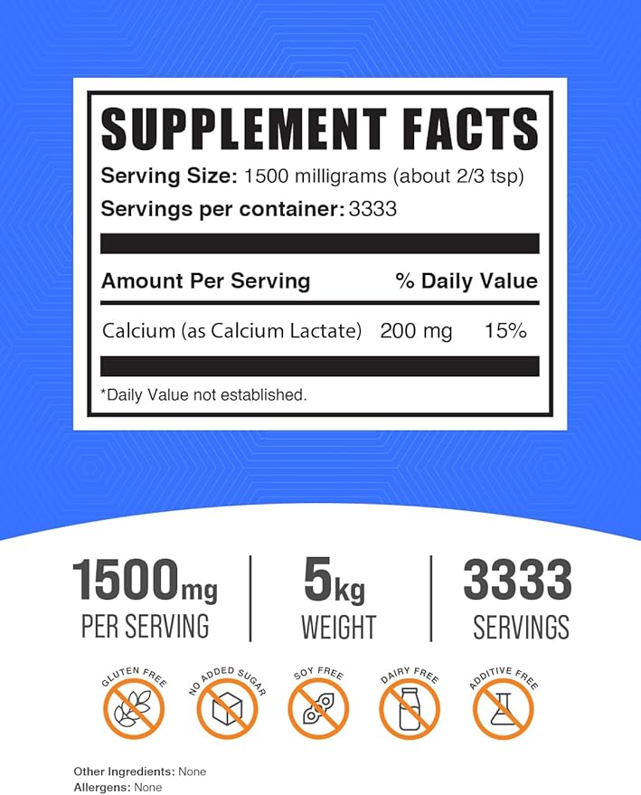 BulkSupplements.com Calcium Lactate Powder - Calcium Supplement, Calcium Lactate Food Grade - Calcium Lactate Supplement, 1500mg per Serving (200mg Calcium), 5kg (11 lbs) (Pack of 5)