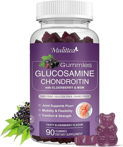 Glucosamine Chondroitin Gummies - Extra Strength Joint Support Supplement with MSM & Elderberry for Natural Joint, Antioxidant Immune Support for Adults, Men & Women-90 Gummies