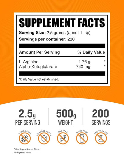 BulkSupplements.com AAKG Powder - Arginine Alpha-Ketoglutarate, AKG Supplement - Arginine Supplement, Unflavored & Gluten Free, 2500mg per Serving, 500g (1.1 lbs) (Pack of 1)