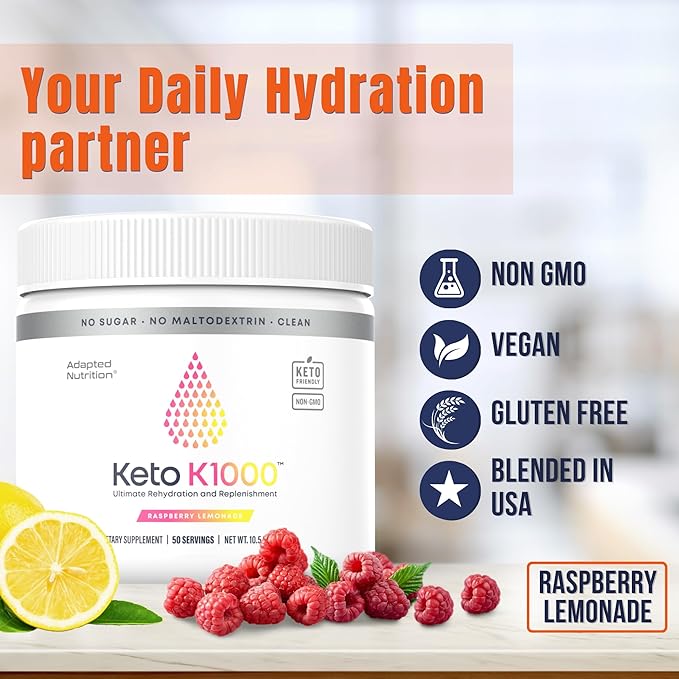 Hi-Lyte Keto K1000 Electrolyte Powder | Raspberry Lemon | Hydration Supplement Drink Mix | Boost Energy & Beat Leg Cramps | No Sugar, No Maltodextrin | 50 Servings