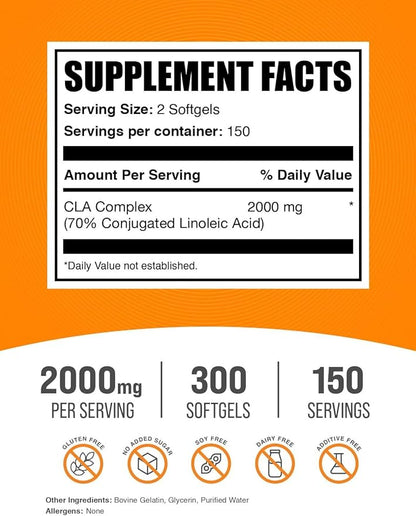 BulkSupplements.com Conjugated Linoleic Acid Softgels - CLA Supplements, CLA 2000mg, CLA Safflower Capsules, CLA Pills - 2 CLA Softgels per Serving, 150-Day Supply, 300 Softgels