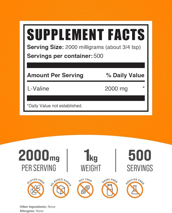 BulkSupplements.com L-Valine Powder - Valine Supplement, Valine Amino Acids - BCAA Supplement, L-Valine 2000mg - Gluten Free, 2000mg per Serving, 1kg (2.2 lbs) (Pack of 1)