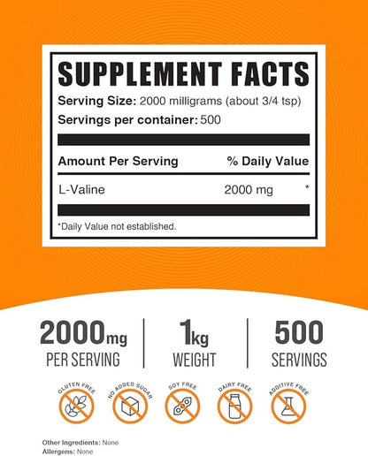 BulkSupplements.com L-Valine Powder - Valine Supplement, Valine Amino Acids - BCAA Supplement, L-Valine 2000mg - Gluten Free, 2000mg per Serving, 1kg (2.2 lbs) (Pack of 1)