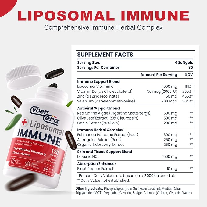 Liposomal Immune Support Supplement for Adults, Complex with L-Lysine 1,500mg, Vitamins, Minerals & Herbal Extracts, Comprehensive Daily Wellness Blend for Men & Women - 240 Capsules