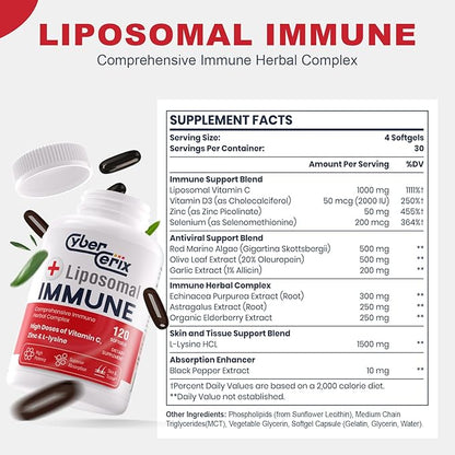 Liposomal Immune Support Supplement for Adults, Complex with L-Lysine 1,500mg, Vitamins, Minerals & Herbal Extracts, Comprehensive Daily Wellness Blend for Men & Women - 240 Capsules