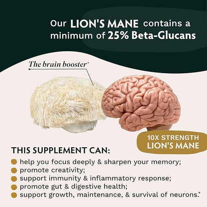 TRIBE ORGANICS Lion’s Mane Supplement 1800mg Mushroom Extract Powder - Immune System Booster & Brain Nootropic for Focus and Memory | Mental Clarity | Natural Energy and Immunity - 120 Vegan Capsules