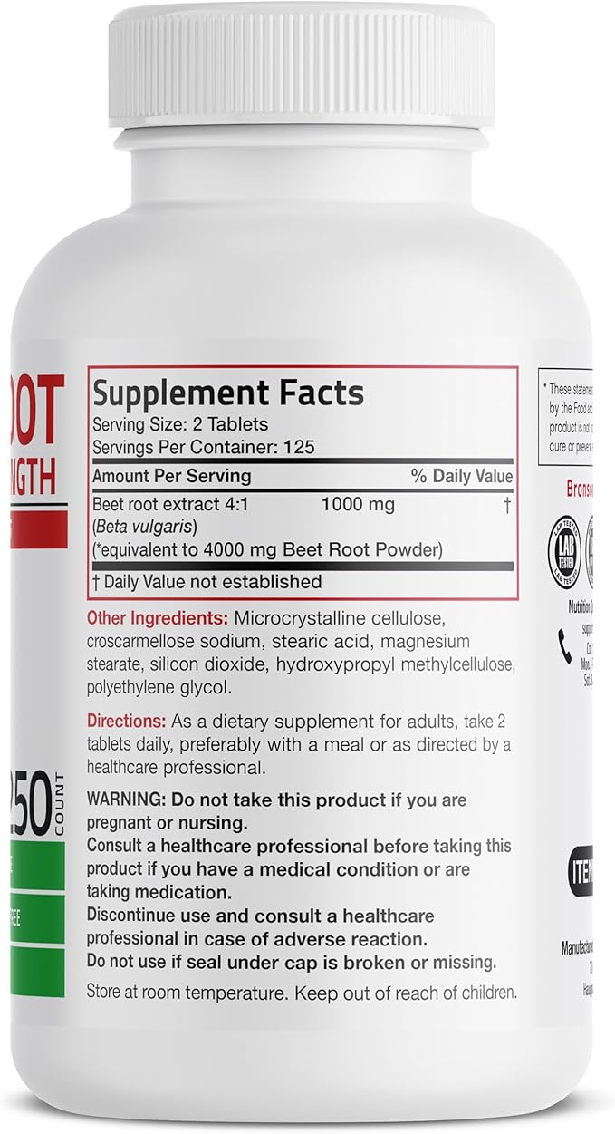 Bronson Beet Root Double Strength 4000mg Equivalent (from 1000 mg of 4:1 Extract), Non-GMO, 250 Vegetarian Tablets
