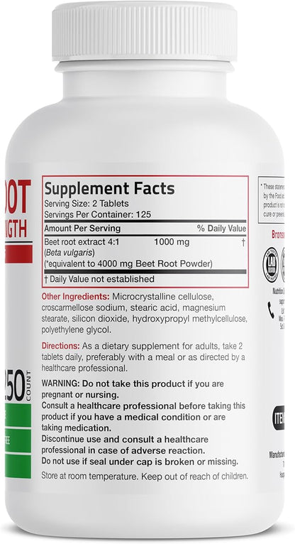 Bronson Beet Root Double Strength 4000mg Equivalent (from 1000 mg of 4:1 Extract), Non-GMO, 250 Vegetarian Tablets