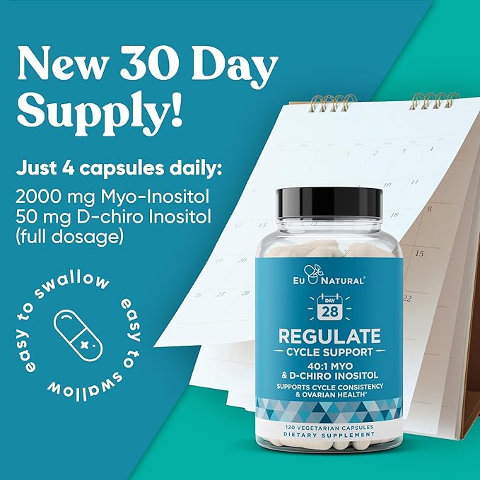 Regulate Cycle Support – Hormone Balance for Women at Optimal 40:1 Myo-Inositol & D-Chiro Inositol – Supplement for Period Consistency, Menstrual & Ovulation Support – 120 Vegan Soft Capsules