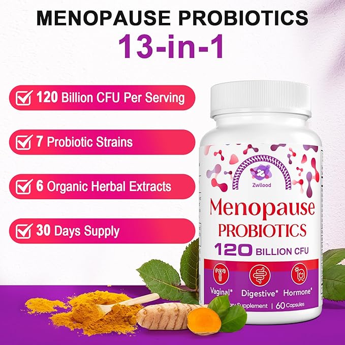 Menopause Supplements for Women, 120 Billion CFU Menopause Probiotics for Women, All-Natural Probiotic for Hot Flashes Menopause, Night Sweats, Mood Swings, Gut and Hormone - 60 Herbal Capsules