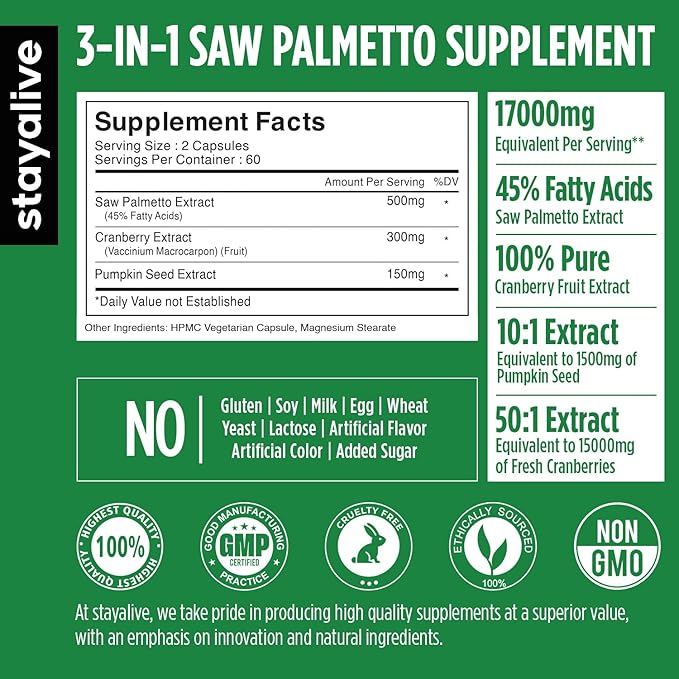 STAY ALIVE Saw Palmetto Extract Capsules, Equivalent to 17000MG, Blend with Cranberry & Pumpkin Seed, 120 Vegan Pills for U.T, Prostate & Wellness Support