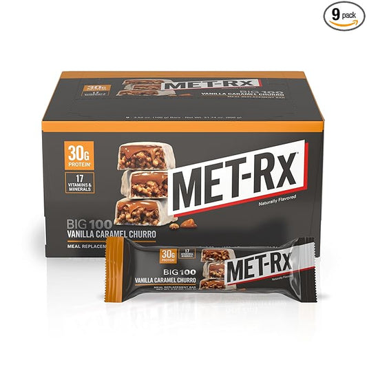 MET-Rx Big 100 Colossal Protein Bars, Vanilla Caramel Churro Meal Replacement Bars, Brown, 9 Count