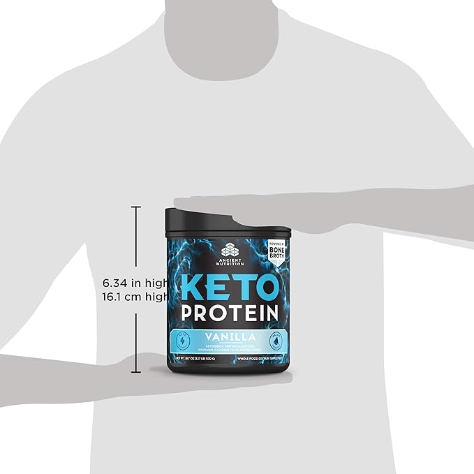 Keto Protein Powder by Ancient Nutrition, KetoPROTEIN with Fats from Bone Broth and MCT Oil, Vanilla, 18g Protein 11g Fat Per Serving, Gluten Free, 17 Servings