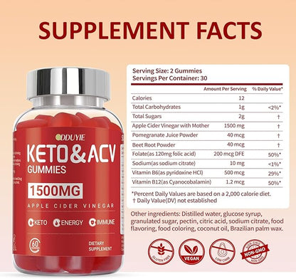 (2 Pack) Keto ACV Gummies - 1500mg Apple Cider Vnegar Gummies - with Pomegranate Beetroot & Vitamin B12 B6 - GMO Free & Made in USA - 120 Count